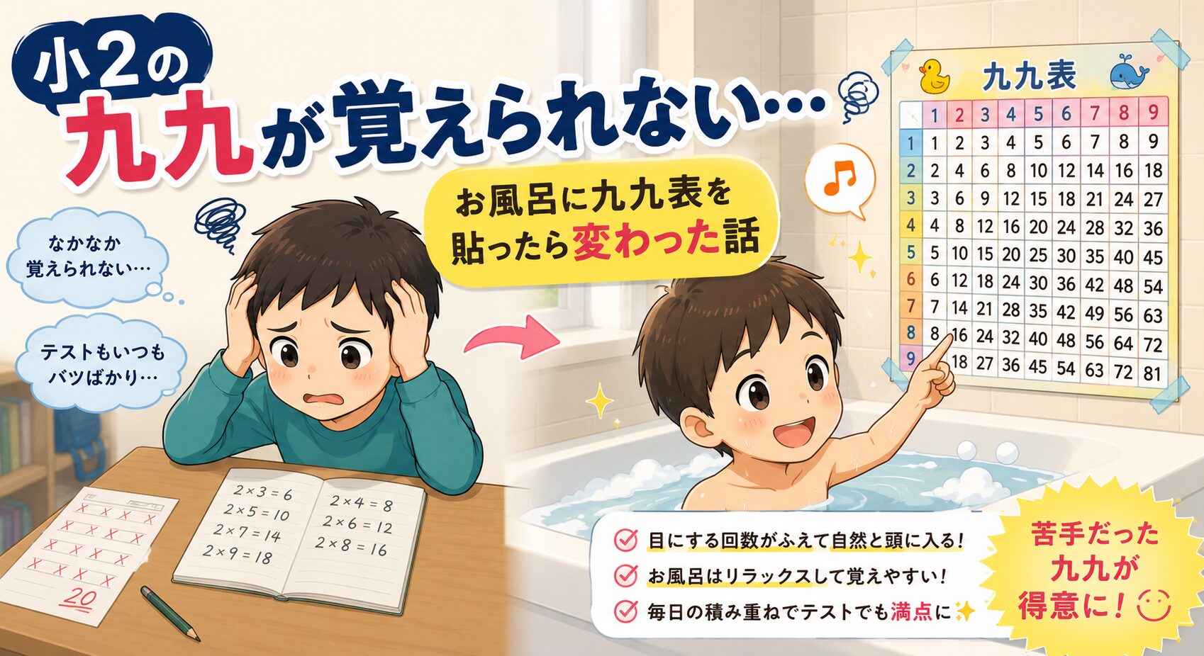 小2の九九が覚えられない お風呂に九九表を貼ったら変わった話