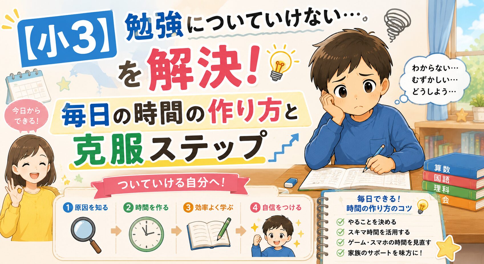 【小3】勉強についていけない…を解決！毎日の時間の作り方と克服ステップ